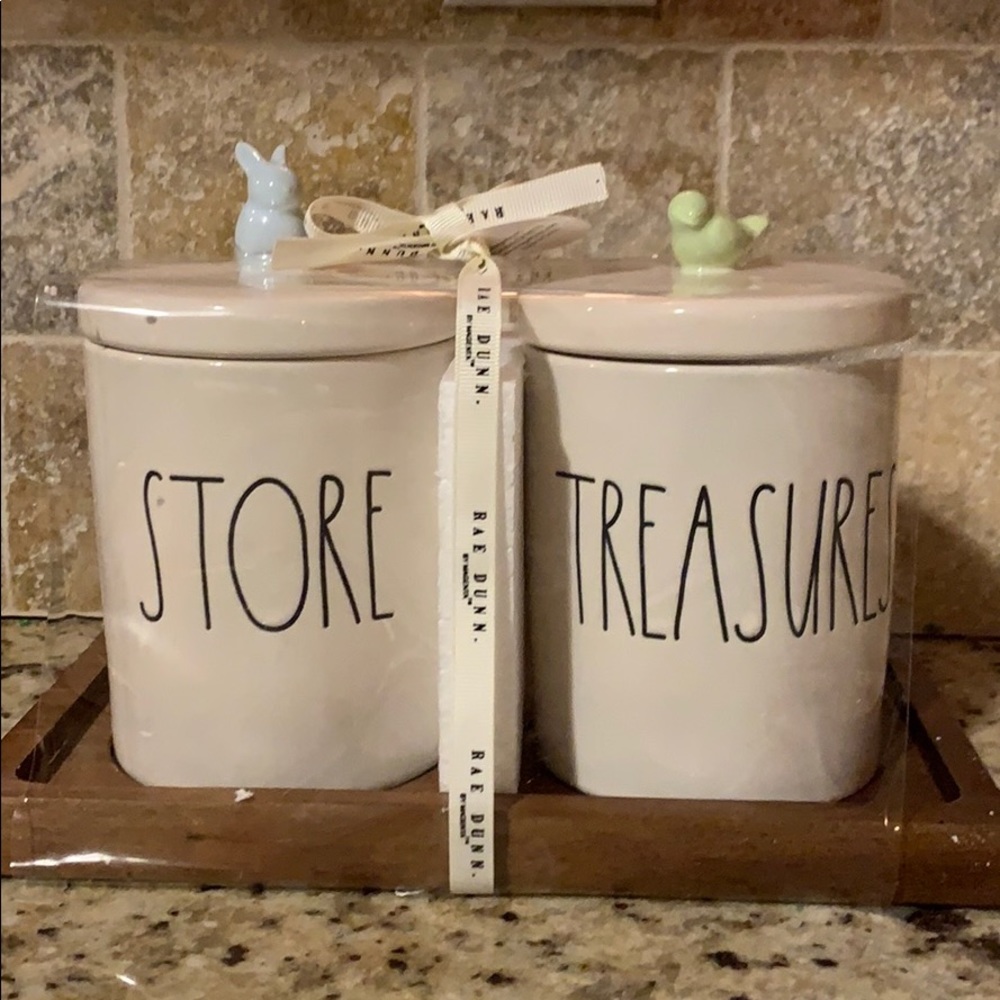 Rae Dunn Ceramic Jars w/wood tray